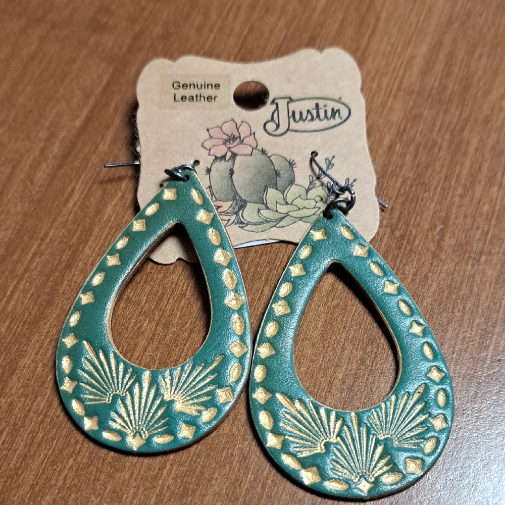 Justin Boots Green and Gold Genuine Leather Earrings